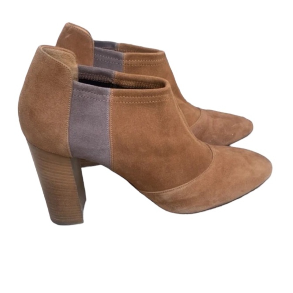 Aquatalia Suede Tan/Grey Ankle Booties, Block Heel Women’s size 9 Made in Italy